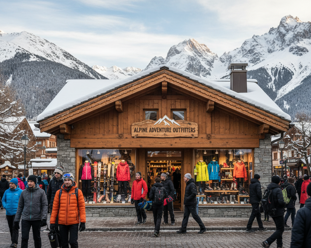 facciata di un negozio di montagna in centro città in un paese di montagna, vista frontale dal lato opposto della strada (spalle all'edificio di fronte) e con tante persone che camminano sulla strada e in parte oscurano la vetrina e la facciata del negozio